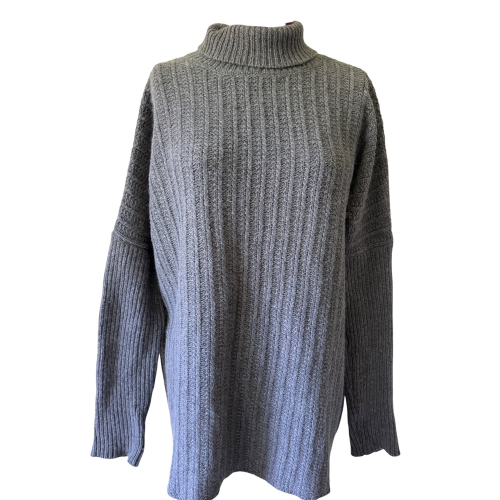 Garnet Hill Sweater Lambswool Angora Blend Ribbed Turtleneck Gray Large